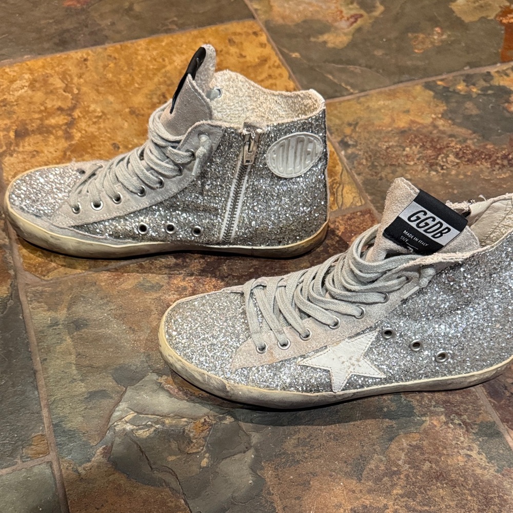 GOLDEN GOOSE Women's Silver Glitter High-Top Sneakers - Picture 2 of 7